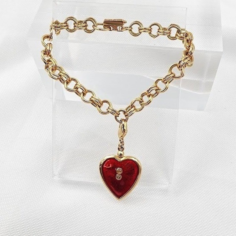 Swarovski Y2K Heart Charm Double Link Bracelet Red Enamel Rhinestone Gold Tone